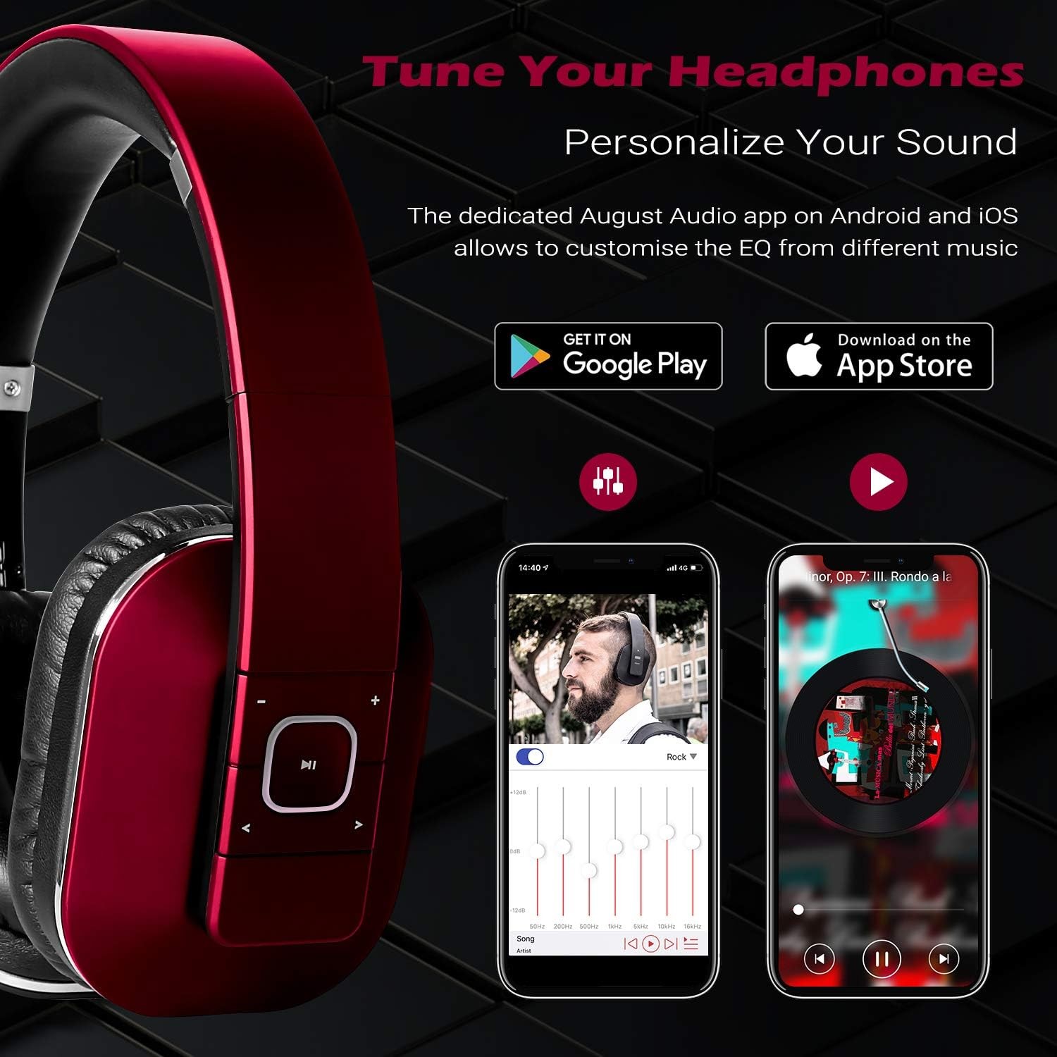 August EP650 Bluetooth Wireless Over-Ear Headphones with aptX Low Red
