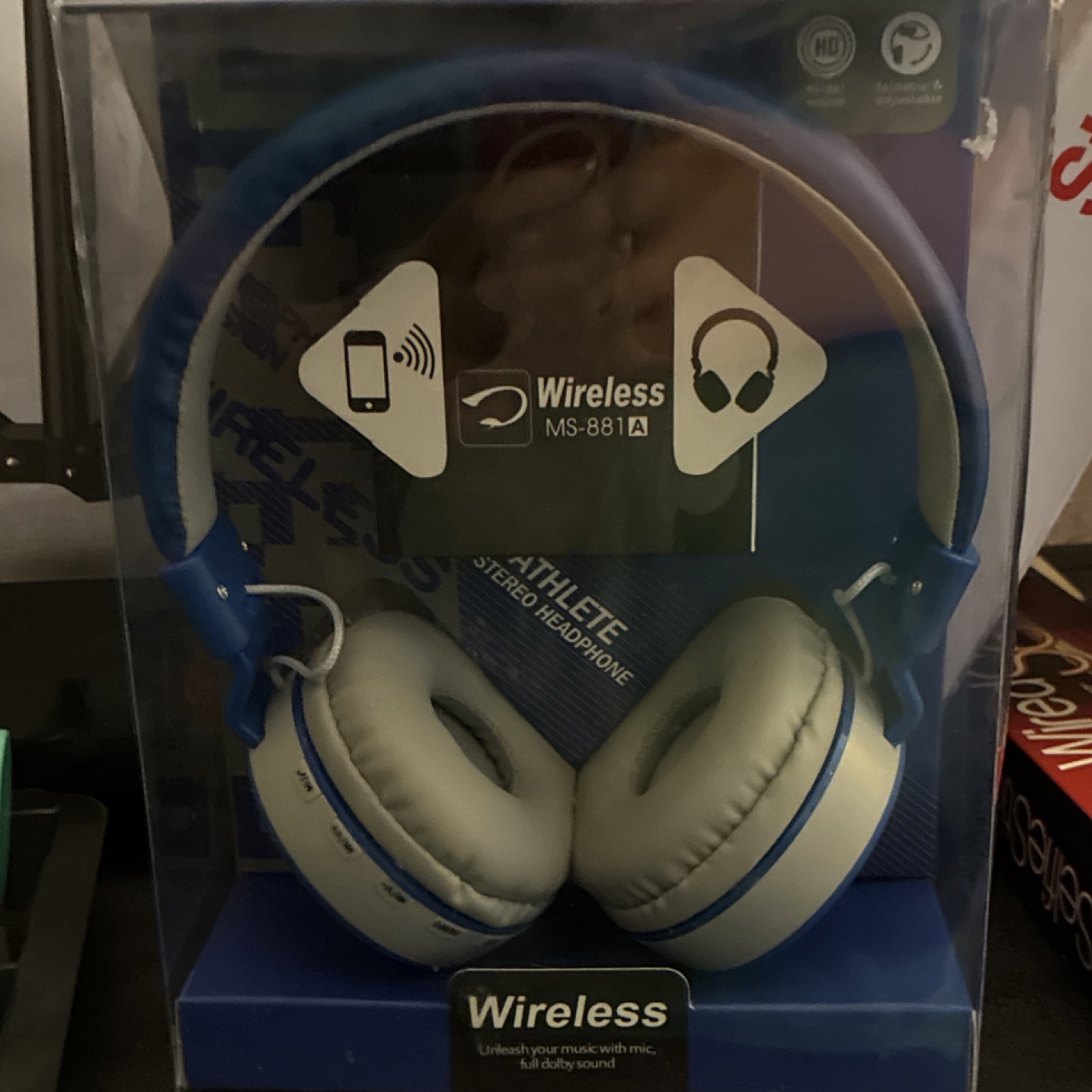 MS-881A Wireless Bluetooth Headband Headphones Blue/White Built-In Microphone