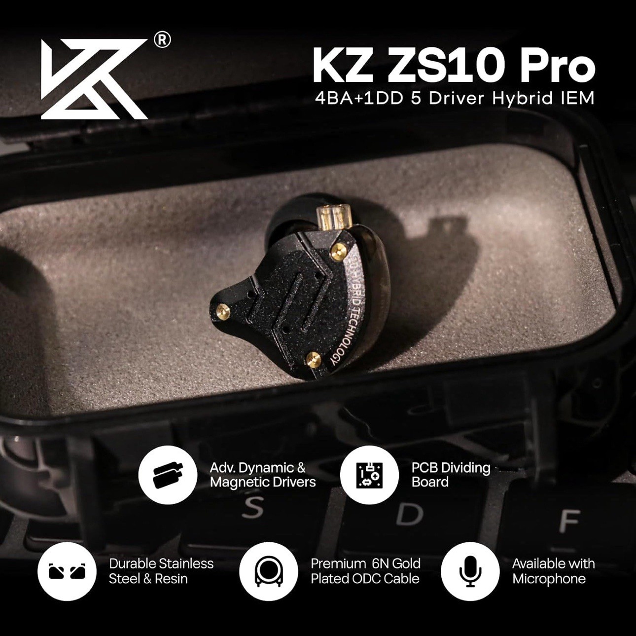 Linsoul KZ ZS10 Pro, 4BA+1DD 5 Driver in Ear Monitor, HiFi With Mic, Black