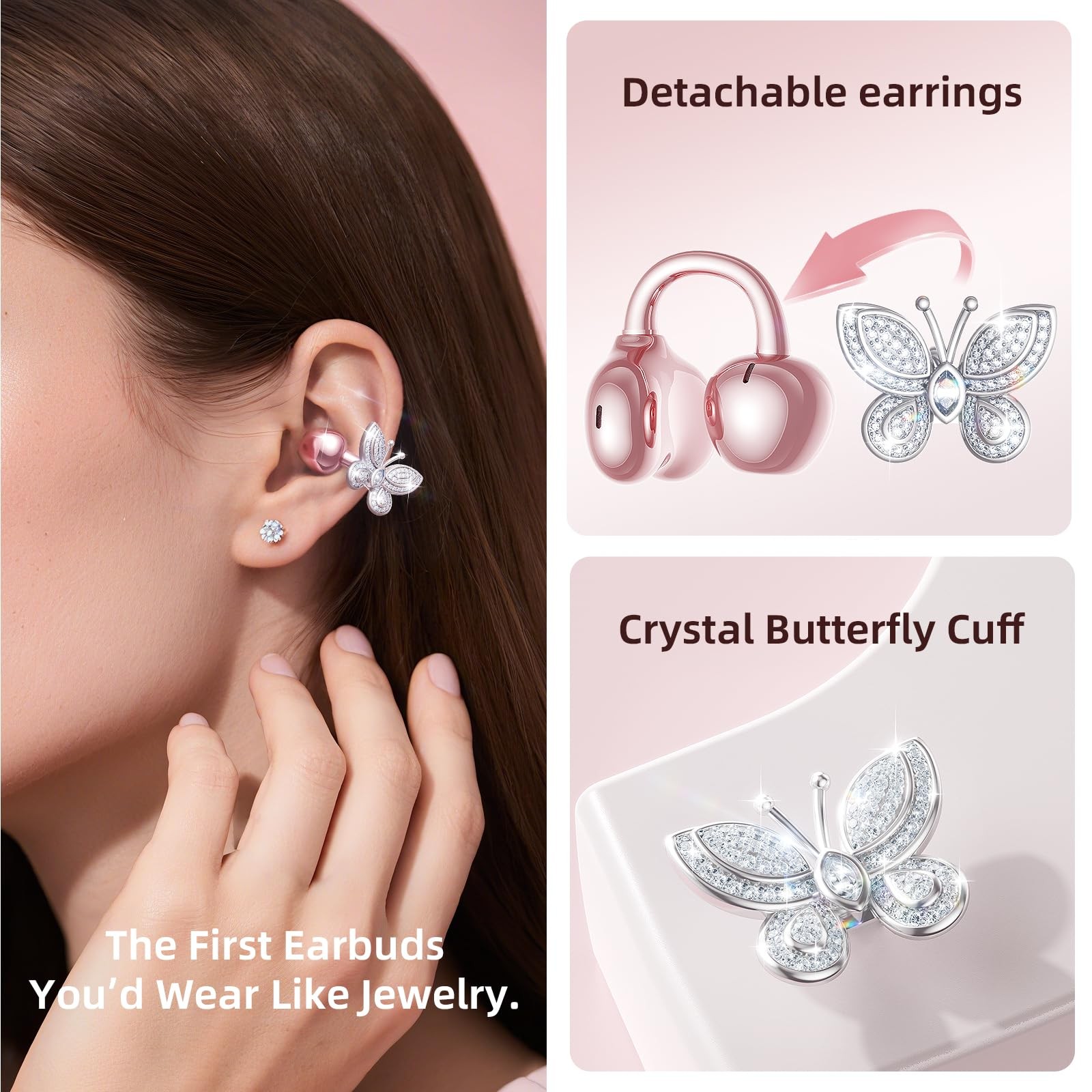 Jewelry-Inspired Clip-On Earbuds with Butterfly Earrings, Comfortable Fit & 5…