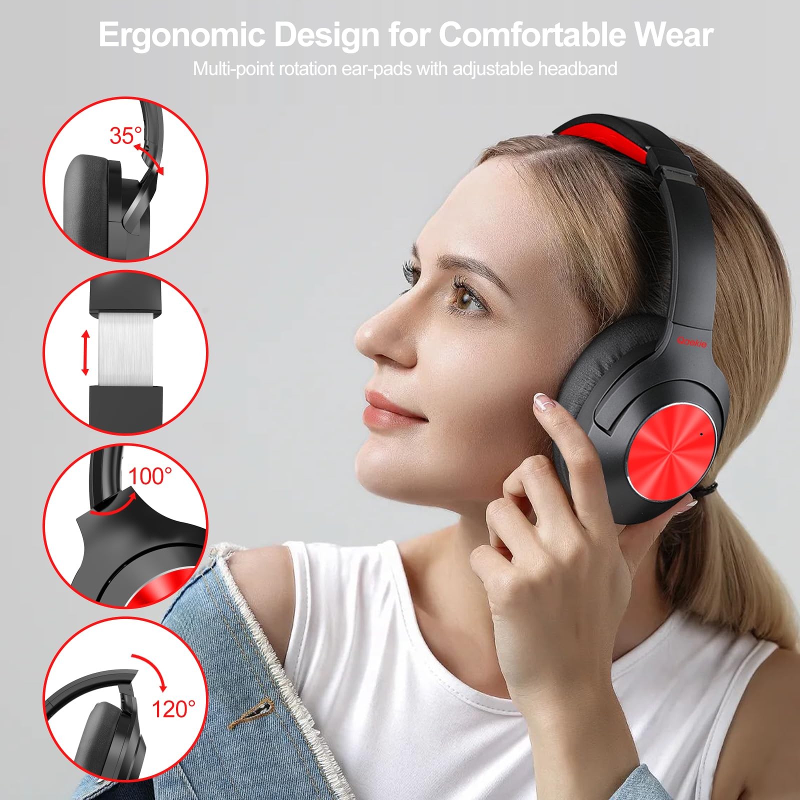 Hybrid Active Noise Cancelling Headphones – 2024 Upgraded Black and Red