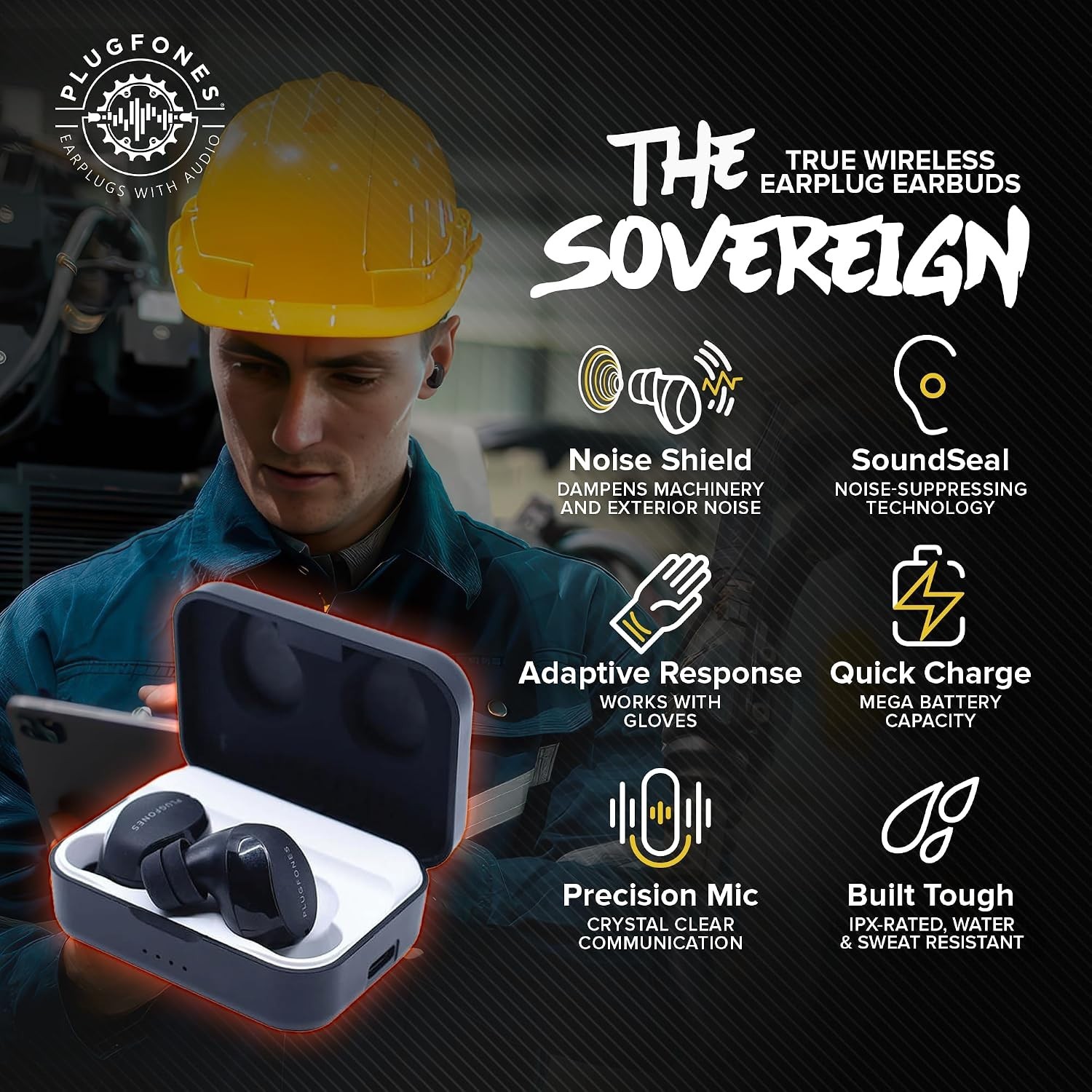 Plugfones Sovereign True Wireless Bluetooth Earplug Earbuds, 26dB NRR OSHA ANSI