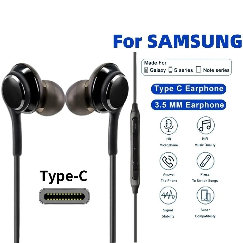 USB-C Type-C Wired Earphones In-Ear Headphones HiFi Stereo Mic For Samsung Galax