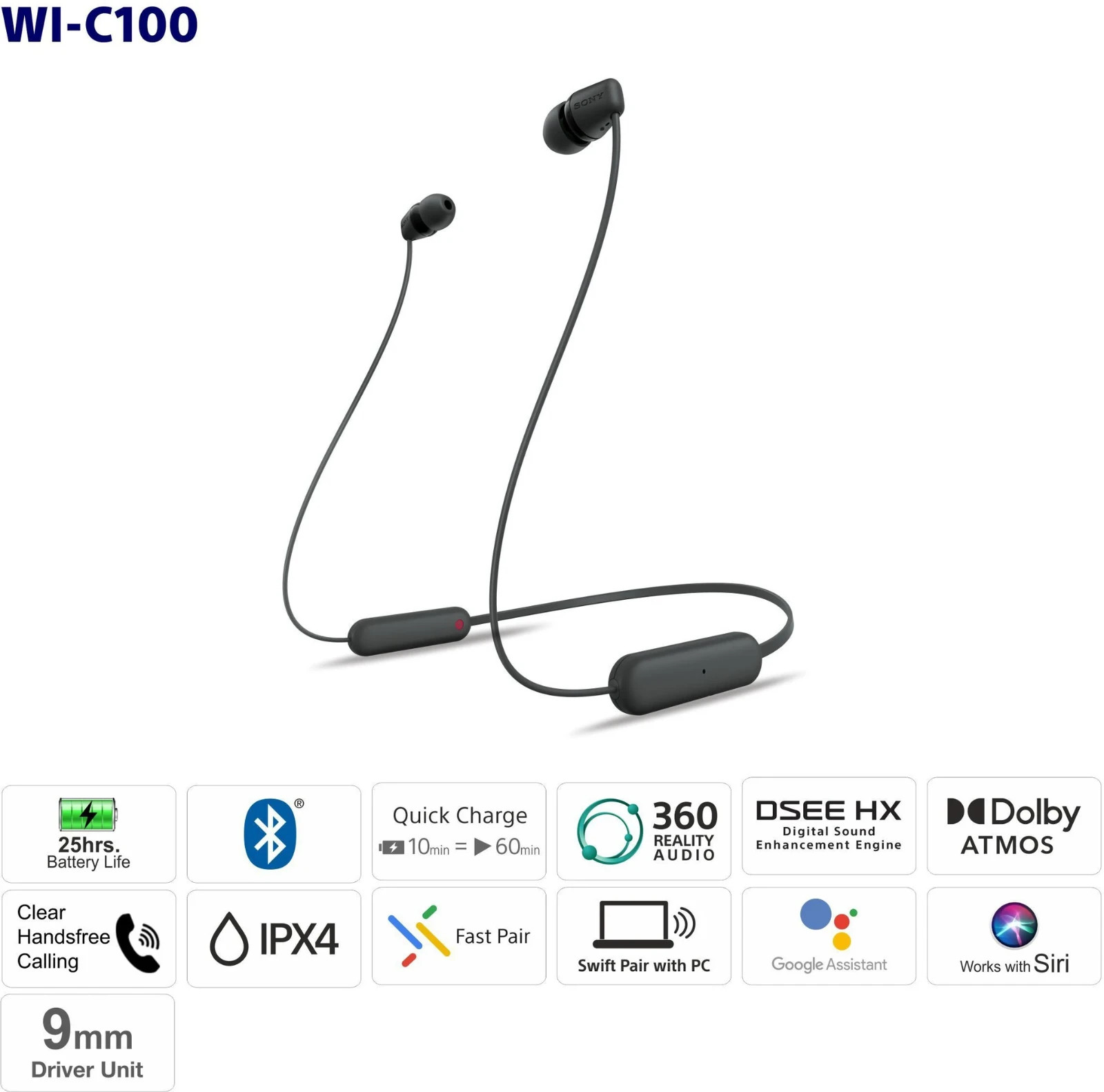 Sony WI-C100 Wireless Earphones Blue 25 Hours Playback Bluetooth