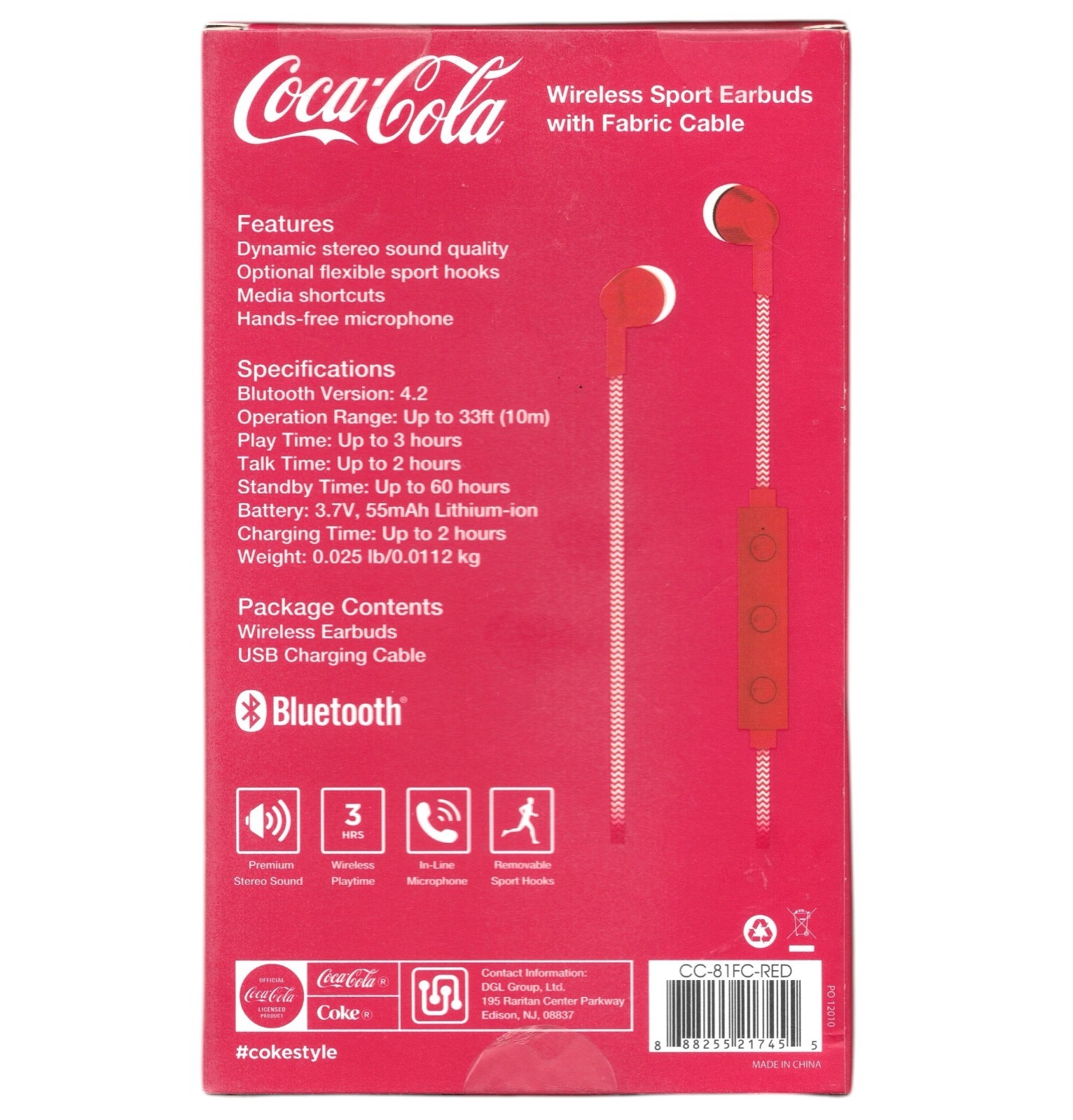 Coca-Cola Wireless Sport Earbuds Sport Hooks Fabric Cable Bluetooth 4.2 Red Mic