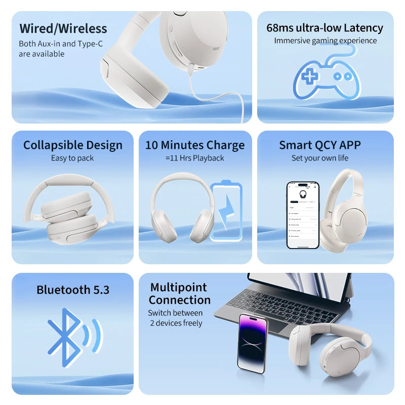 QCY H3 Lite ANC Headphones Bluetooth 5.3 Foldable 60H Battery Dual Connect