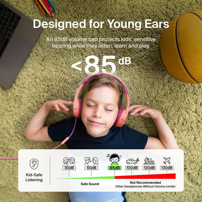 Belkin Kids Headphones Wired, Volume Limited, USB-C 3.5mm Parents Trusted – Pink