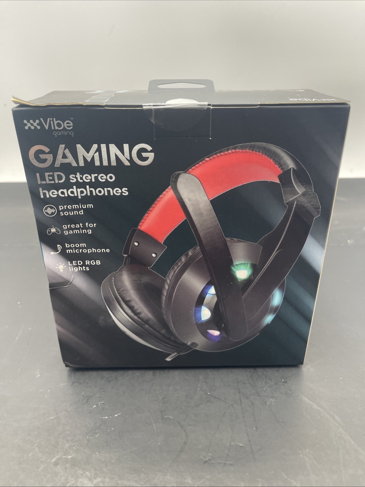 Vibe Gaming LED Stereo Headphones RGB Lights Boom Mic PC Adapter Black Red