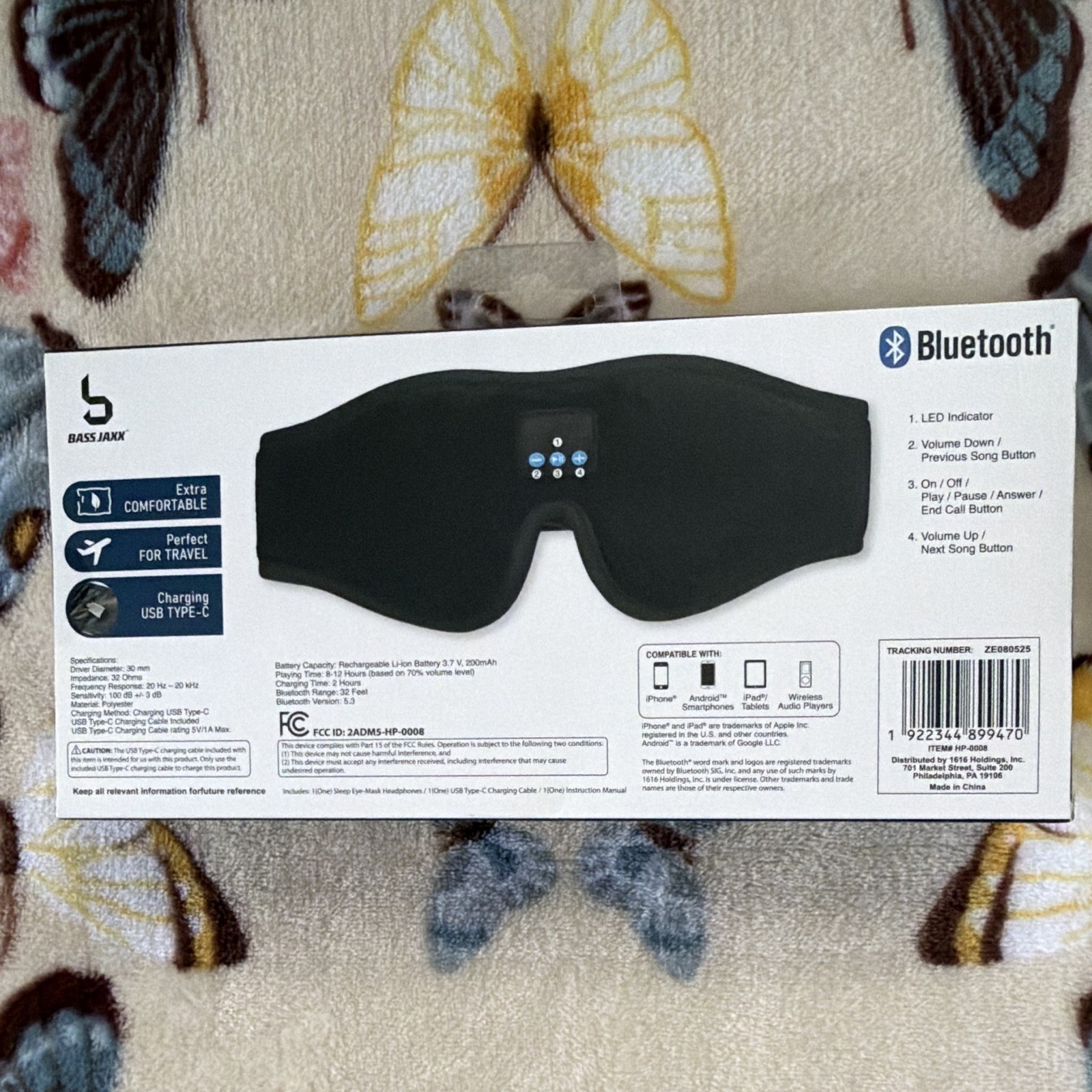 Bass Jaxx Bluetooth Sleep Eye Mask Headphones USB-C Rechargeable Black