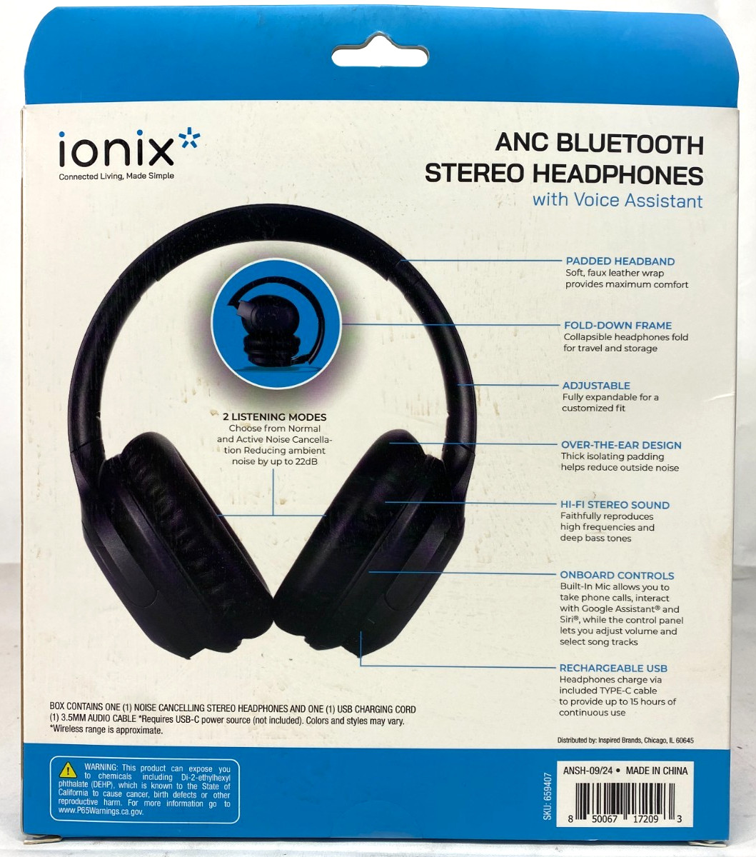IONIX ANC Bluetooth Stereo Headphones with Voice Assistant – Black – NEW