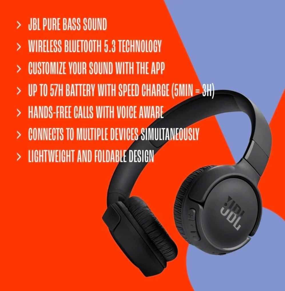 JBL Tune 520BT Wireless Bluetooth On-Ear Headphones Built-In Microphone-blue