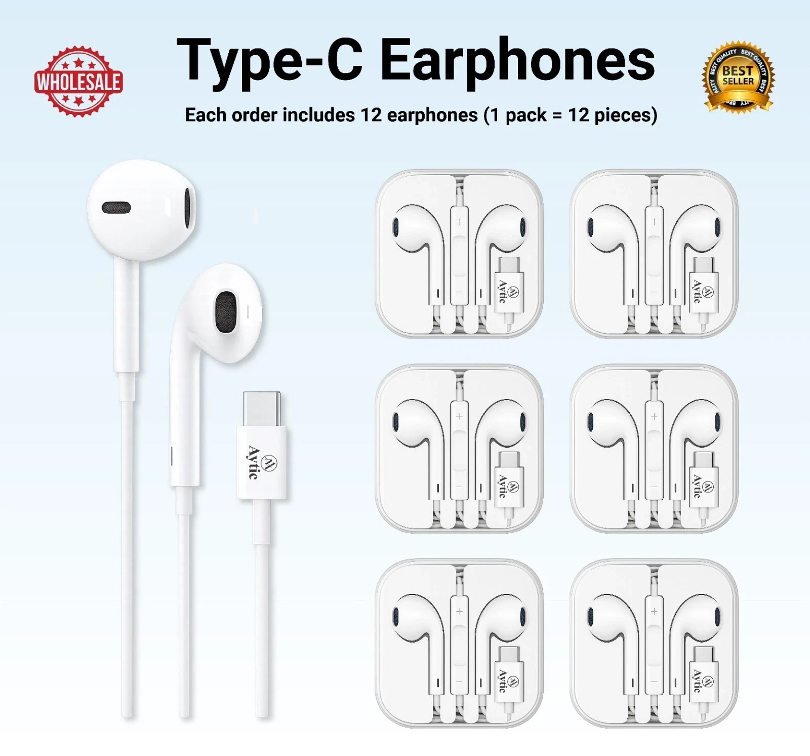 [12-Pack] Wholesale Wired Earphones with Mic – Type-C, Lightning, AUX Headphones