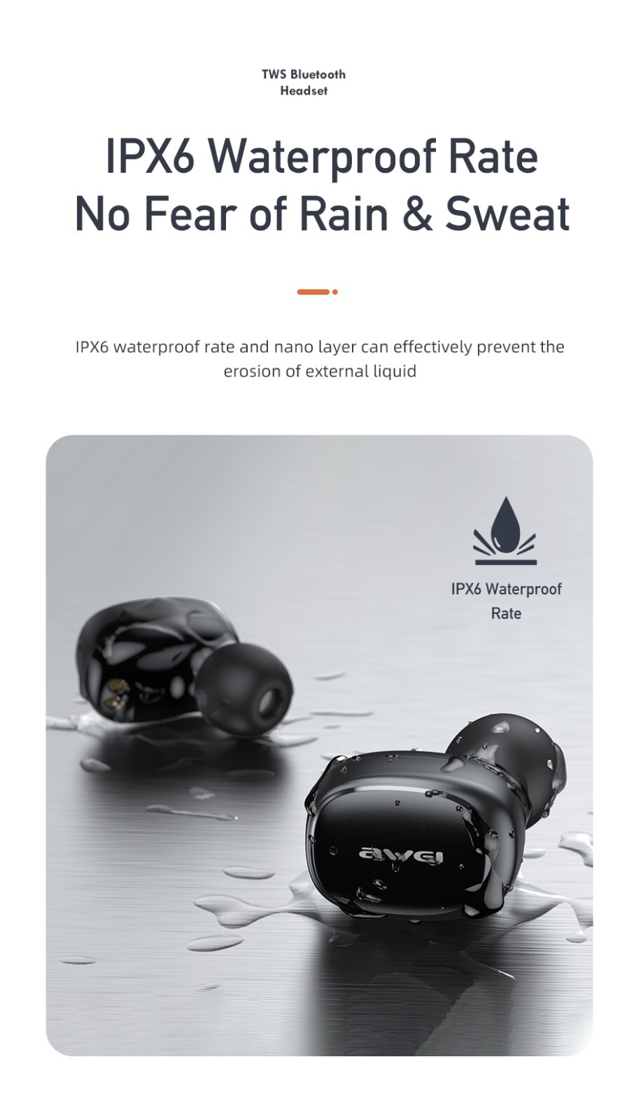 AWEI T13 PRO True Wireless Bluetooth Headphones, 8mm Driver and IPX6 Waterproof