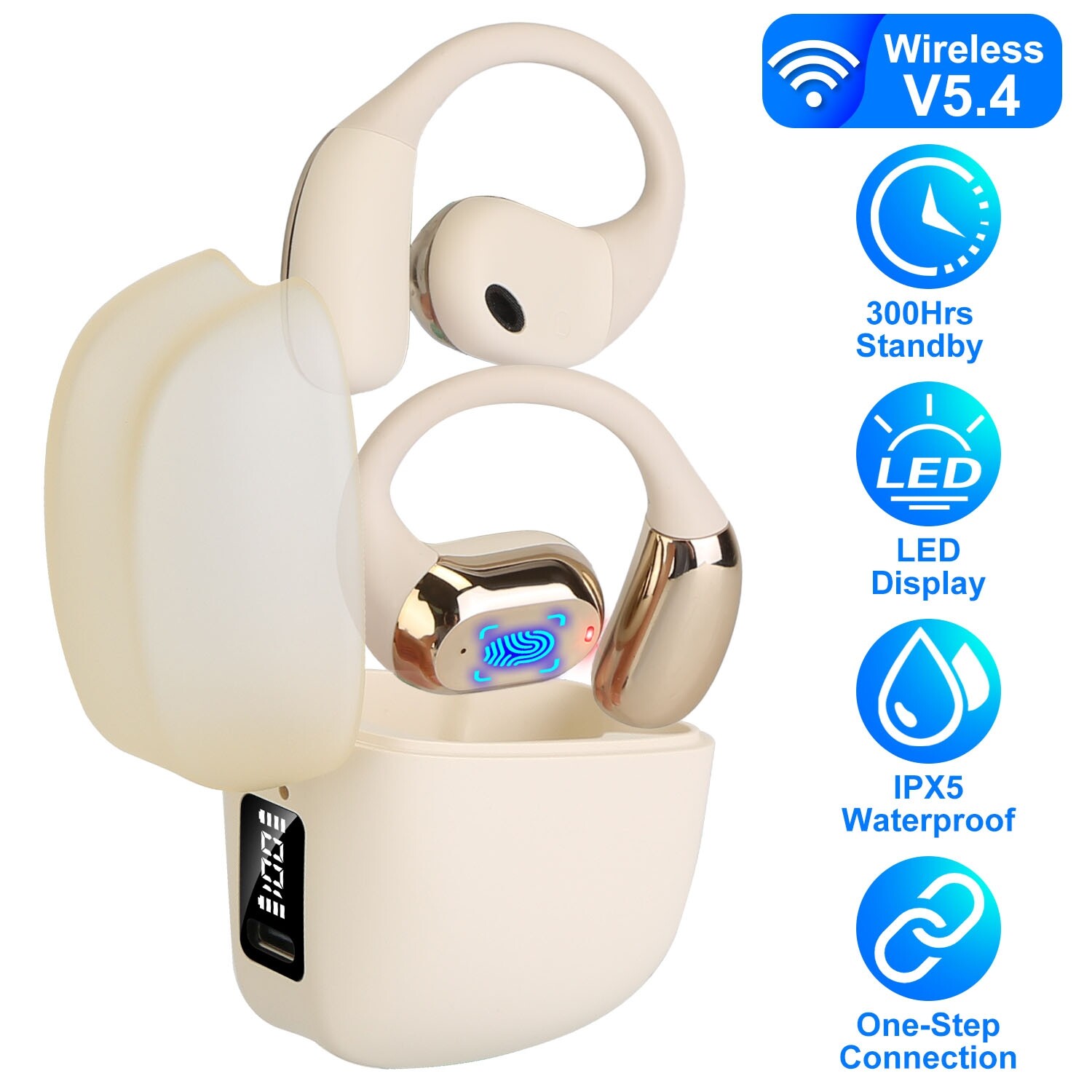 Touch Control Open Ear Earbuds w/ Earhook Waterproof for Workout 300Hrs Standby