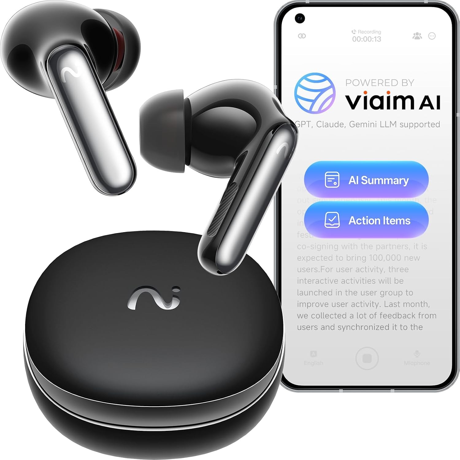 Viaim RecDot AI Voice Recorder Earbuds Black Certified Refurbished