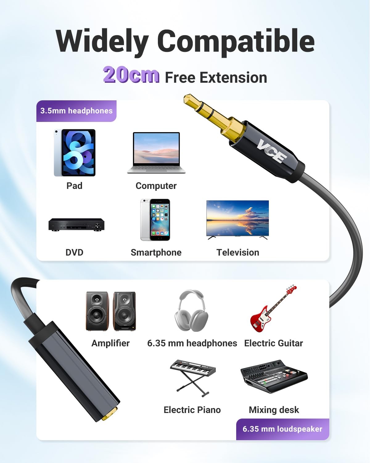 VCE 1/4 to 3.5mm Adapter, 3.5mm 1/8 inch Male to 6.35mm 1/4 inch Female Audio Ja