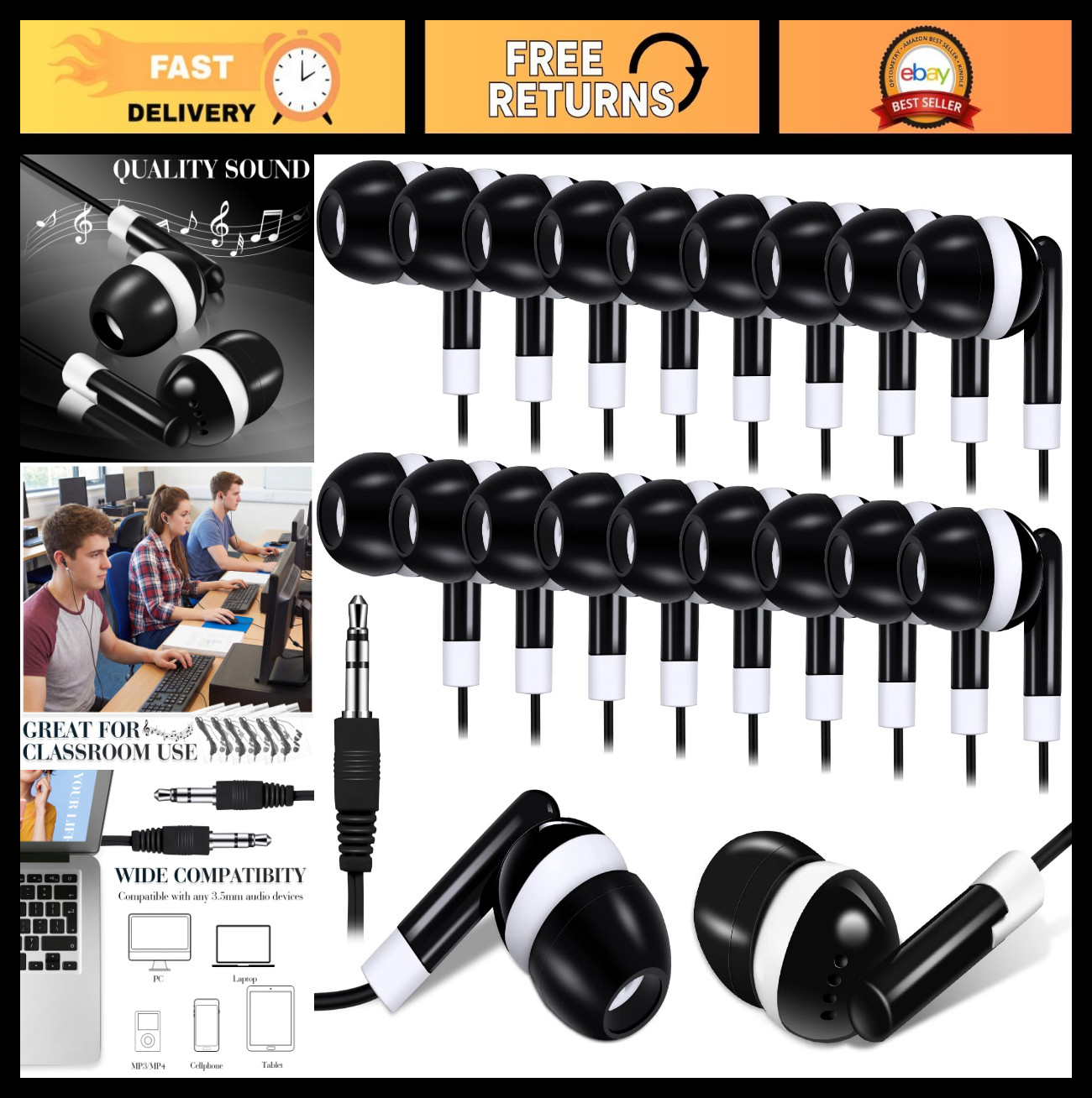 100 Pcs Wired Earbuds Bulk for Classroom, 3.5mm Jack, Soft In-Ear Headphones, In