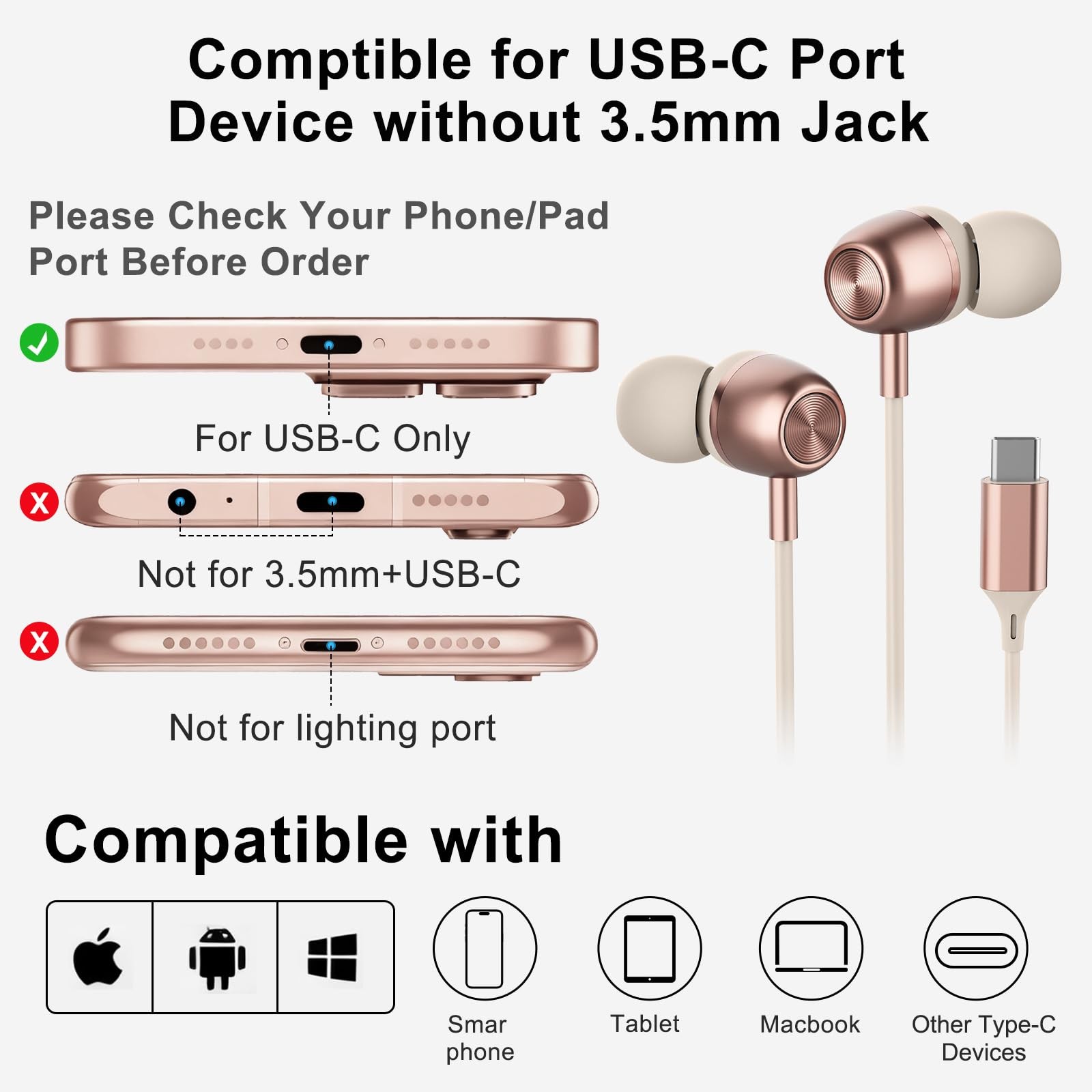 Pink USB C Headphones for Women Girls, Cute Wired Type C In common use,