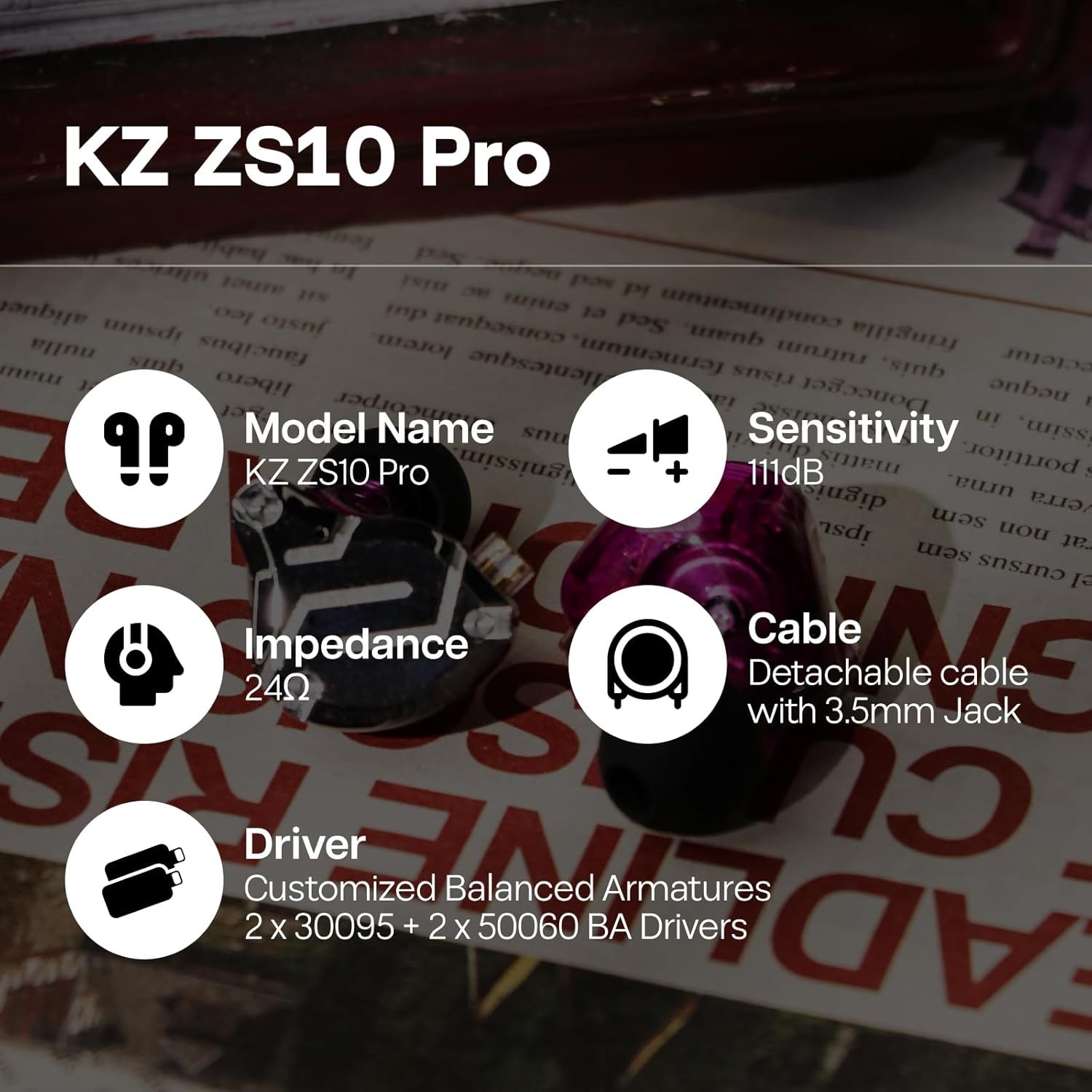 Linsoul KZ ZS10 Pro 4BA+1DD 5Driver In-Ear Monitor Wired Earbuds with Mic Purple