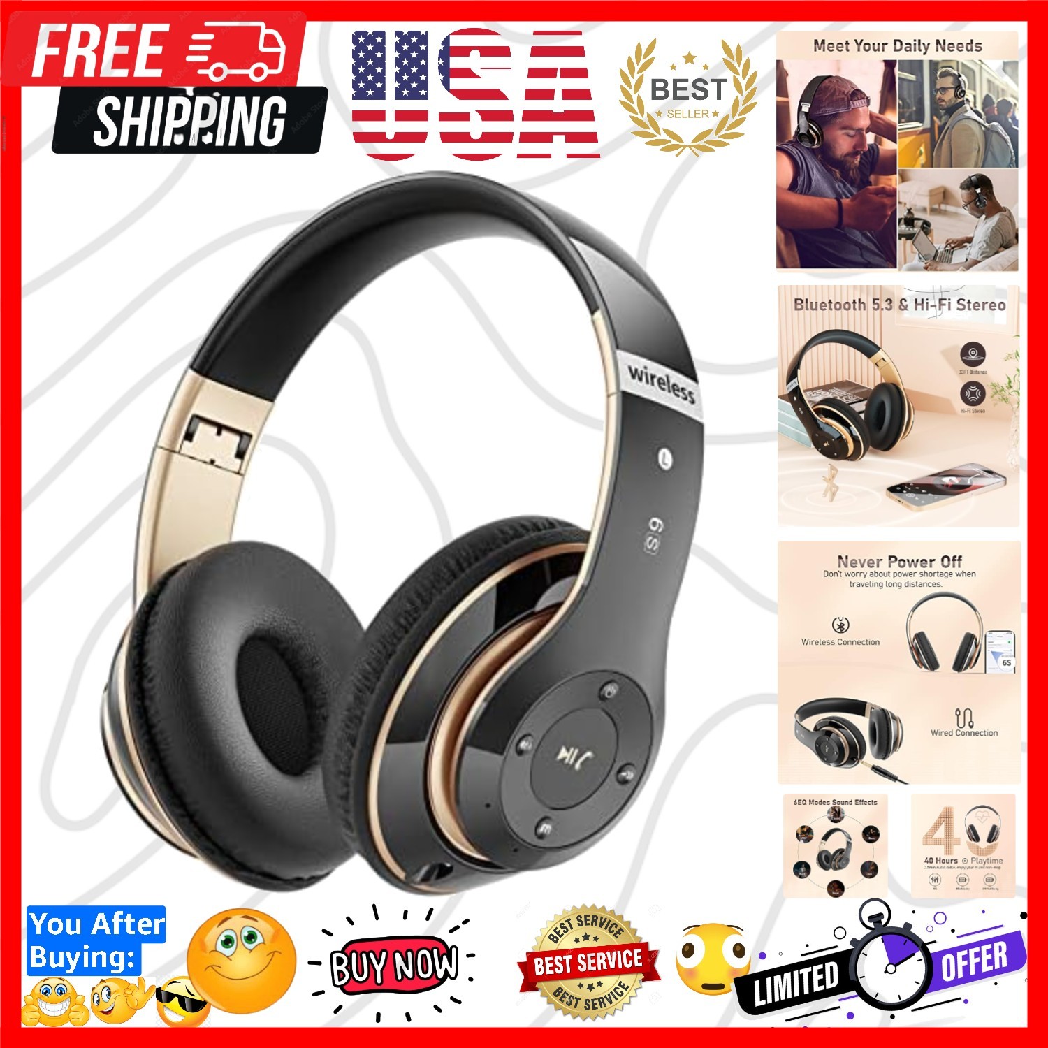 Bluetooth Headphones Over Ear, 6S Wireless Headphones Wired with 6 EQ Modes, …