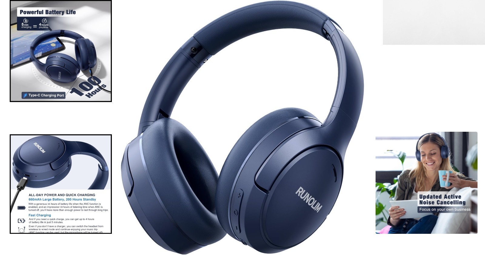 Hybrid Active Noise Cancelling Headphones with 100H Playtime, Bluetooth