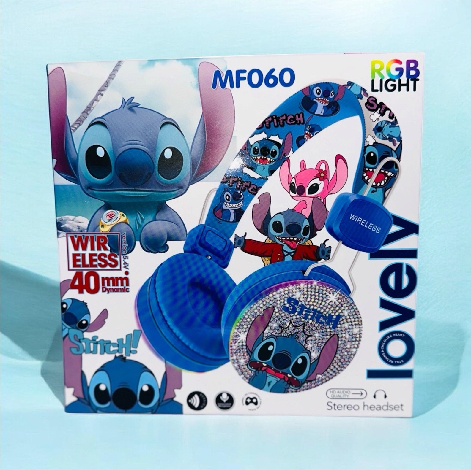 MF060 Bluetooth Wireless On-Ear Headphones RGB Light 40mm Blue/White
