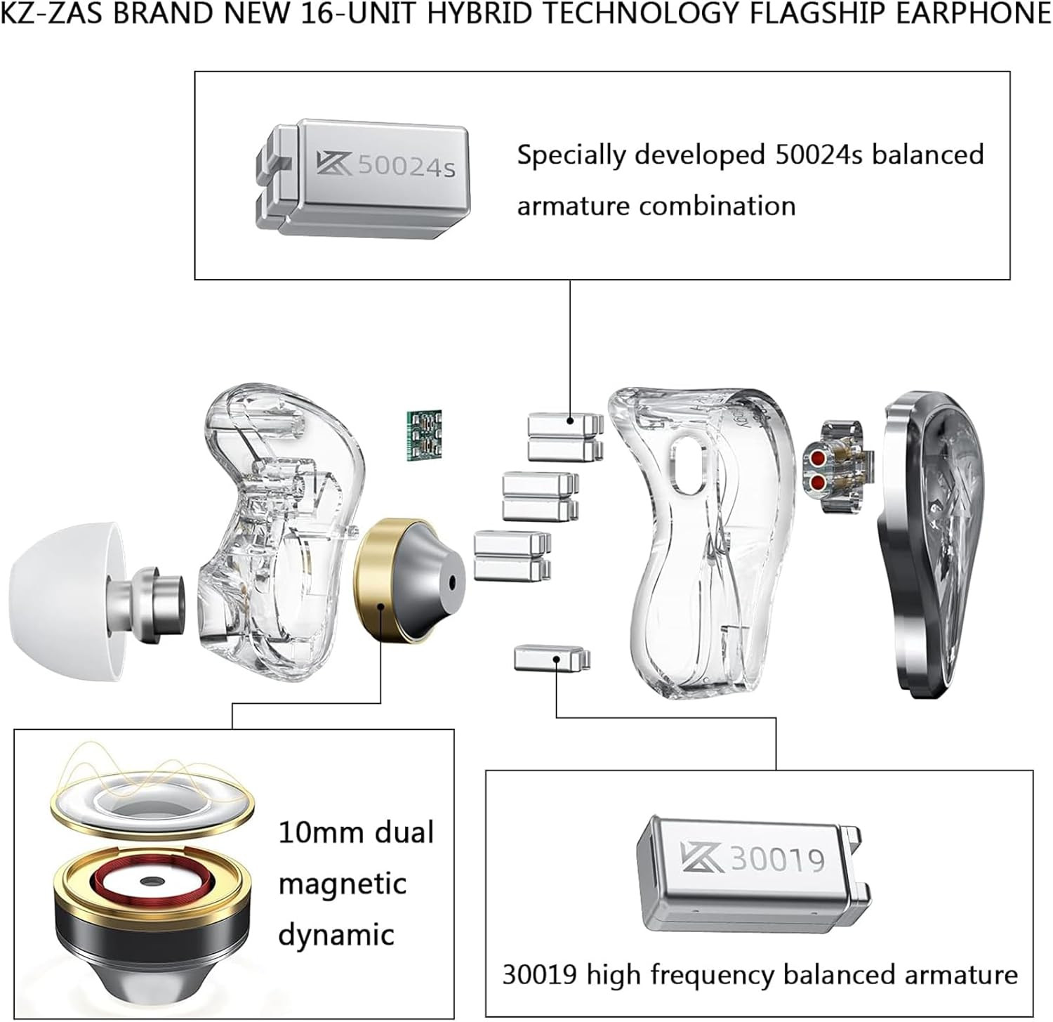 KZ ZAS in Ear Monitor Headphones 16 Units 7BA 1DD Hybrid Drivers Hifi IEM Earpho