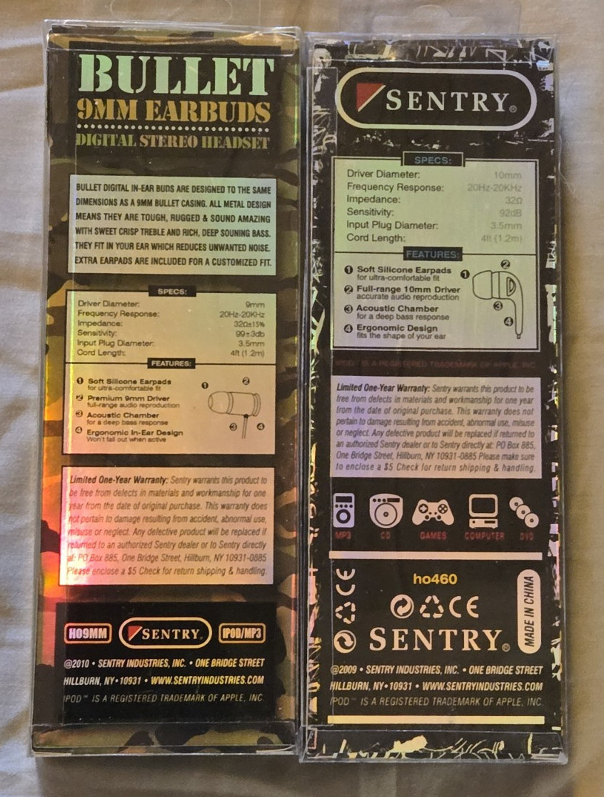 2 Sets of Sentry Earbuds, Bullet 9mm and Black/Yellow Sentry Earbuds
