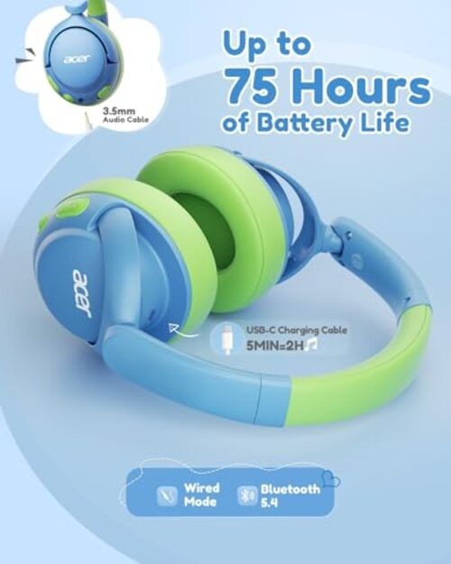 acer Kids Bluetooth Headphones, 85dB Volume Limiter, Foldable Blue-Green