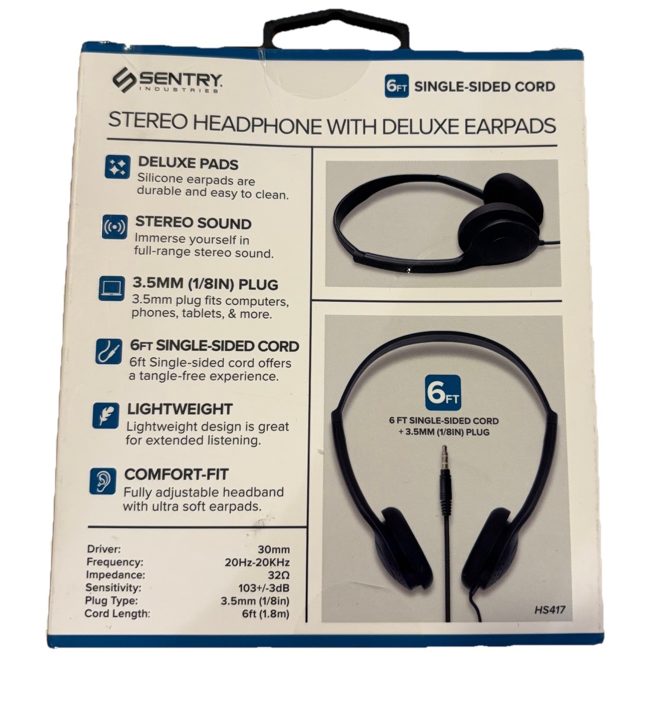 Sentry HS417 Stereo Headphones Deluxe Earpads 3.5mm Plug 6ft Cord Lightweight