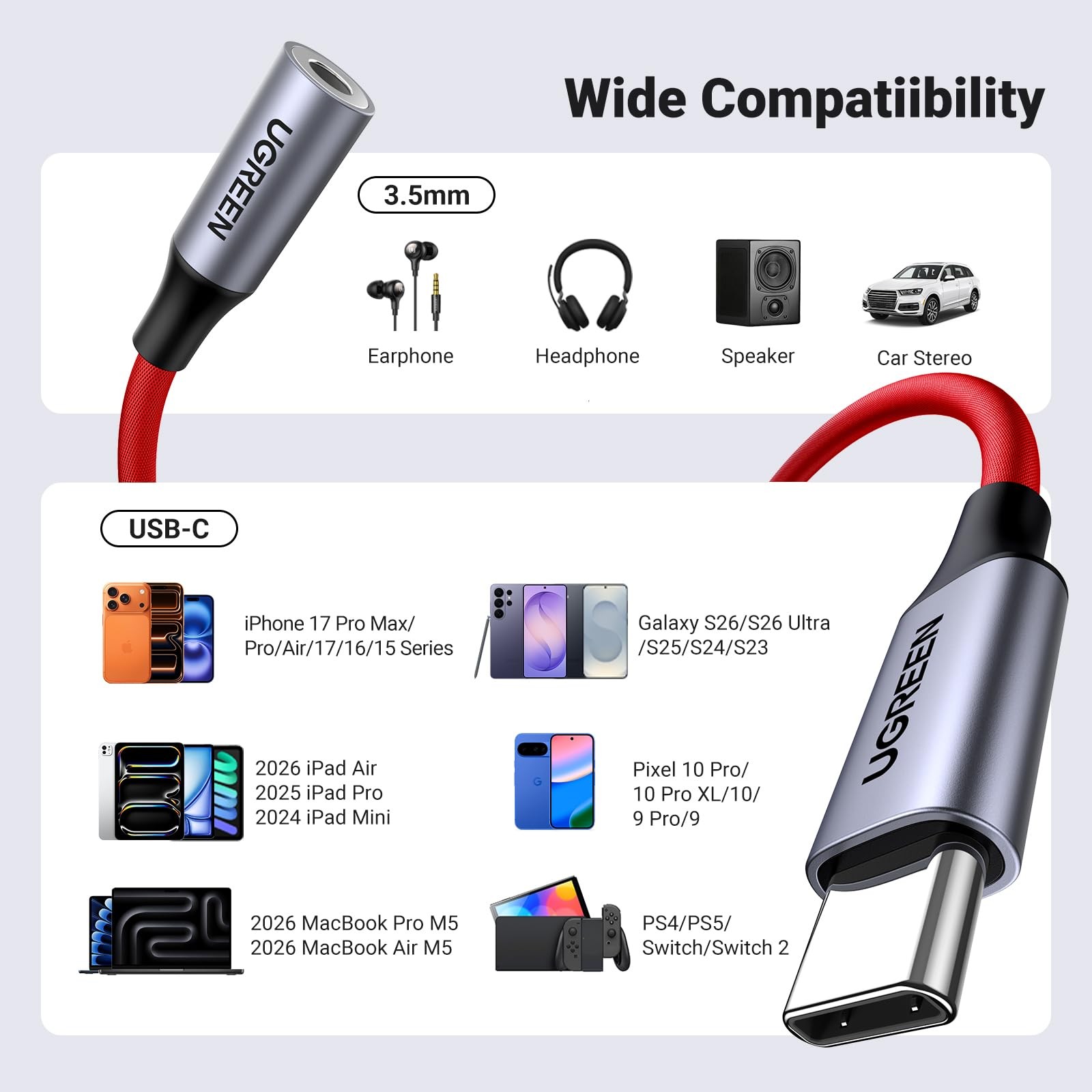 UGREEN USB C to 3.5mm Audio Adapter Type C to Headphone Aux Jack Dongle 24bit/96