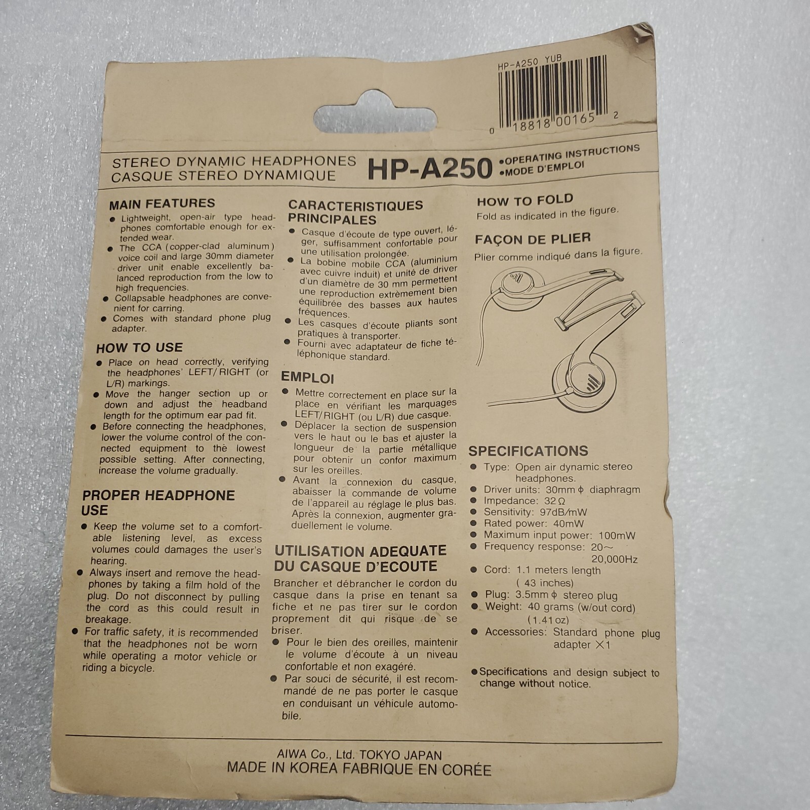 Vintage Aiwa HP-A250 Stereo Headphones. Power Bass w/ Folding Headband. Sealed.