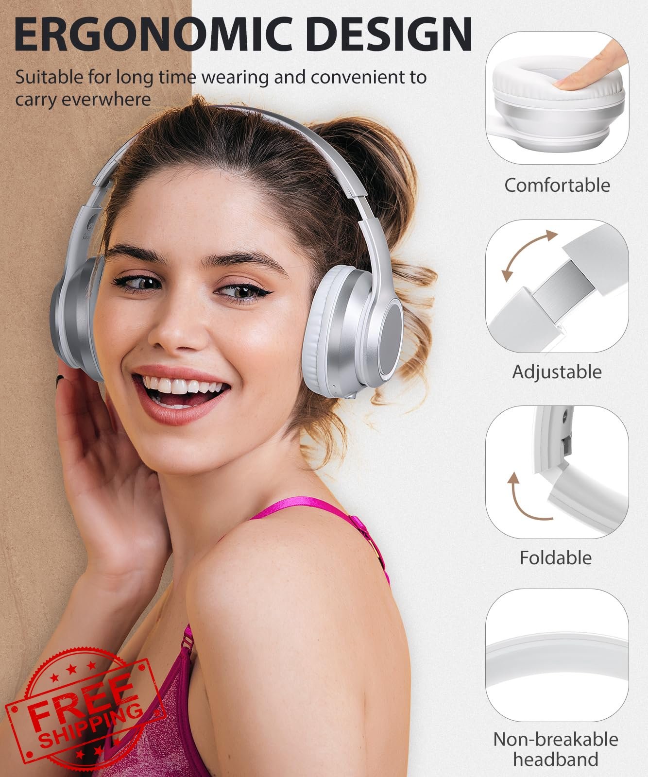 rockpapa E8 Over Ear Bluetooth Headphones Silver Kid Adult Foldable