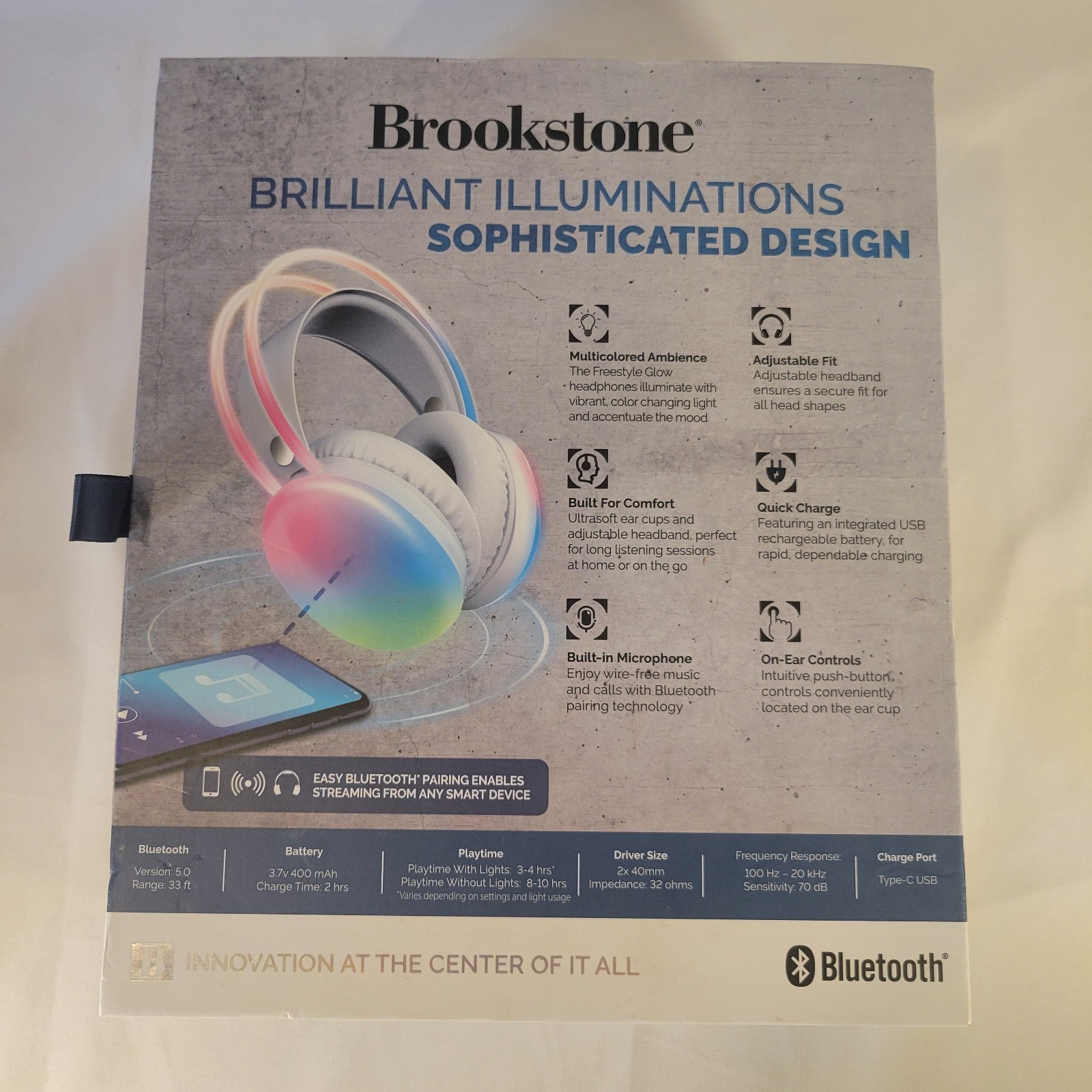 Brookstone Freestyle Glow Wireless LED Headphones Bluetooth Over-Ear White