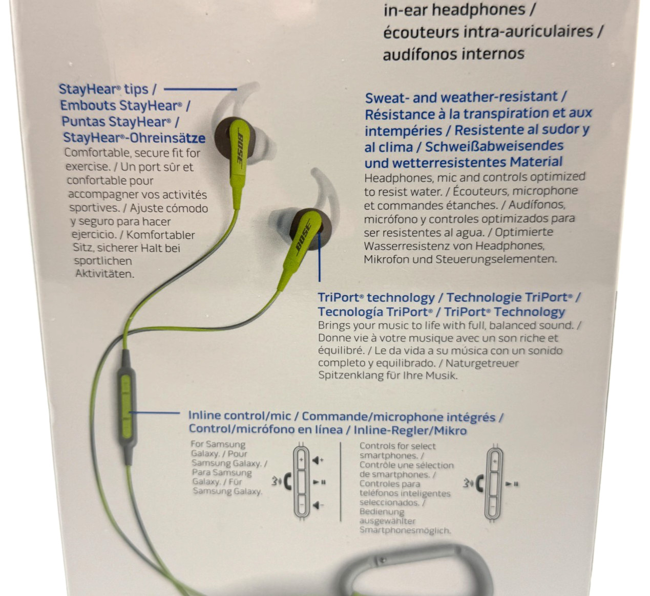 BOSE SoundSport in-ear headphones Wired Samsung Galaxy Controls Green / Grey NEW