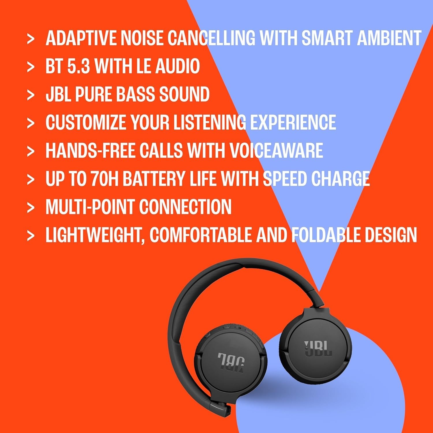 JBL TUNE 670NC Adaptive Noise Cancelling Wireless On-Ear Headphones 70HR Battery