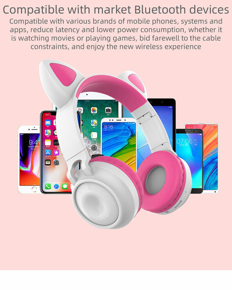 Bluetooth Wireless Cat Ear Headsets LED w/Mic Headphones For Kids Girls