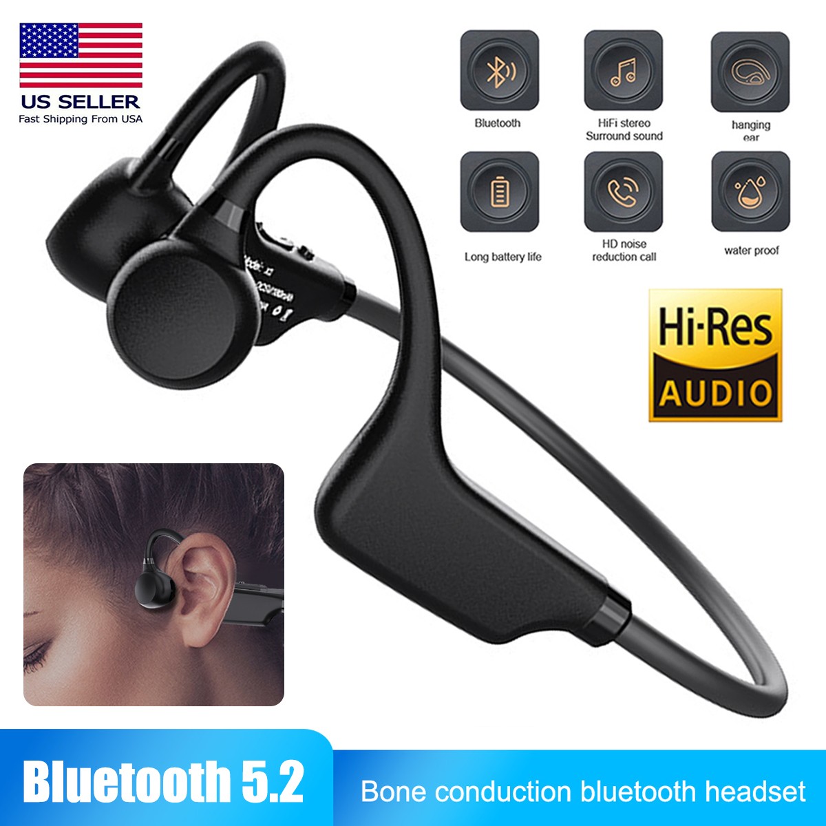Open Ear Neckband Headphones Bluetooth 5.2 Bone Conduction 8H Playtime 10M Range
