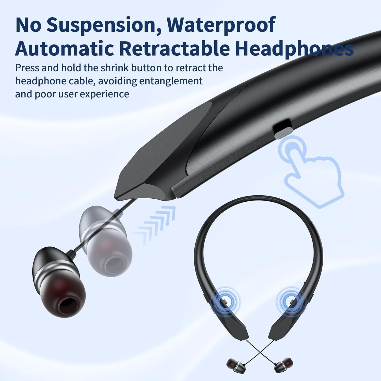 Neckband Bluetooth Headphones Retractable, Wireless Headset with BLACK