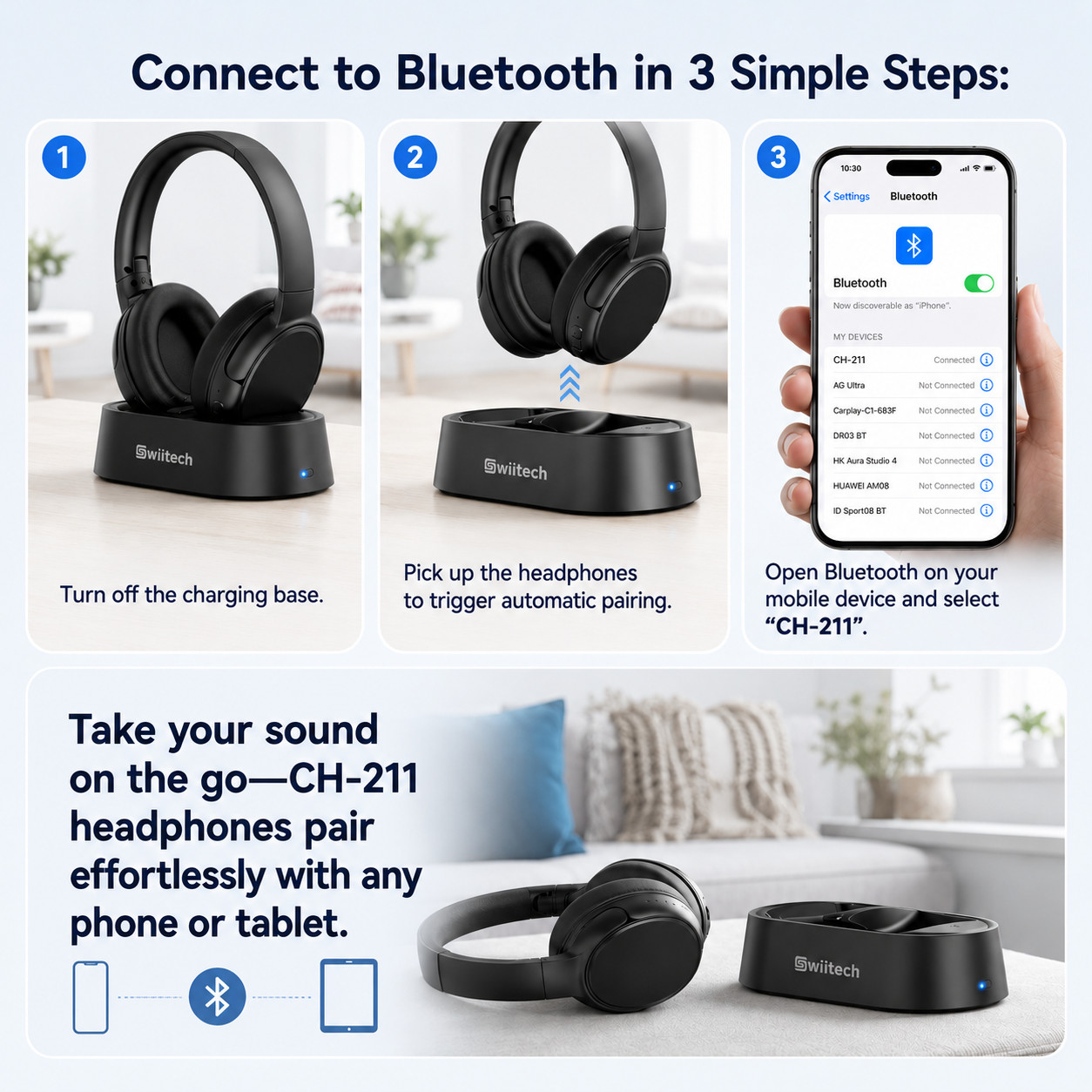 Swiitech Wireless Headphones TV Headphones Transmitter Charging Base Bluetooth