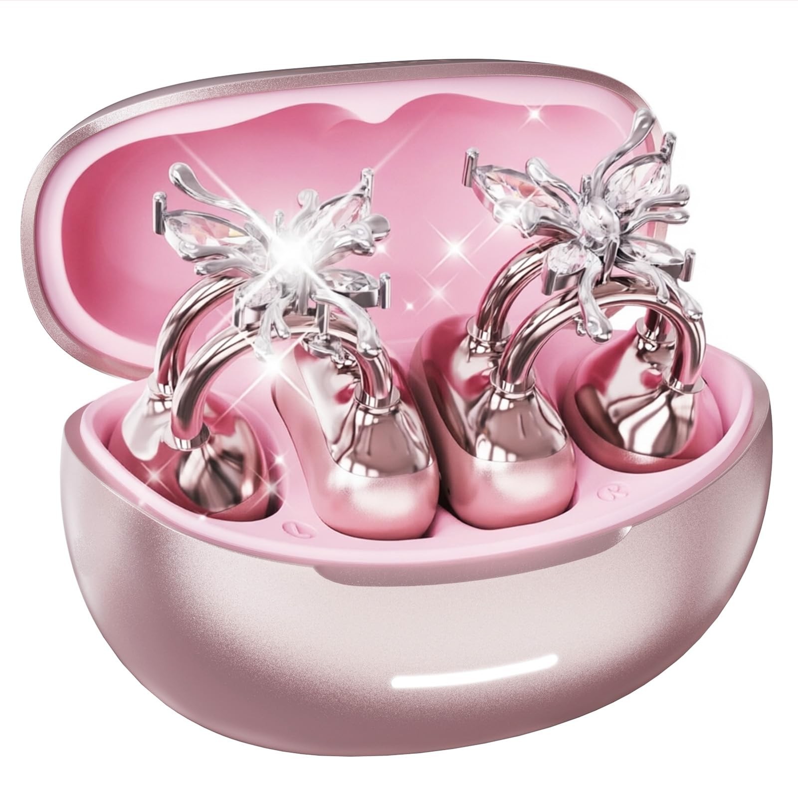 Clip-On Open Ear Earbuds with Detachable Crystal Butterfly Earrings, Bluetoot…
