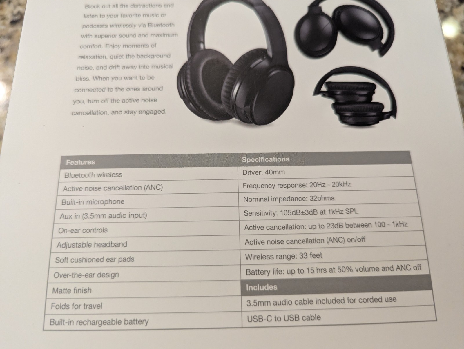 Ilive Active Noise Canceling Bluetooth Hedphones IAHN40B Matte Finish