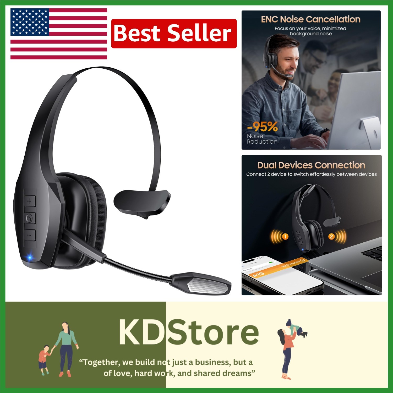 Trucker Bluetooth Headset, V5.2 Wireless Headset with Upgraded Black