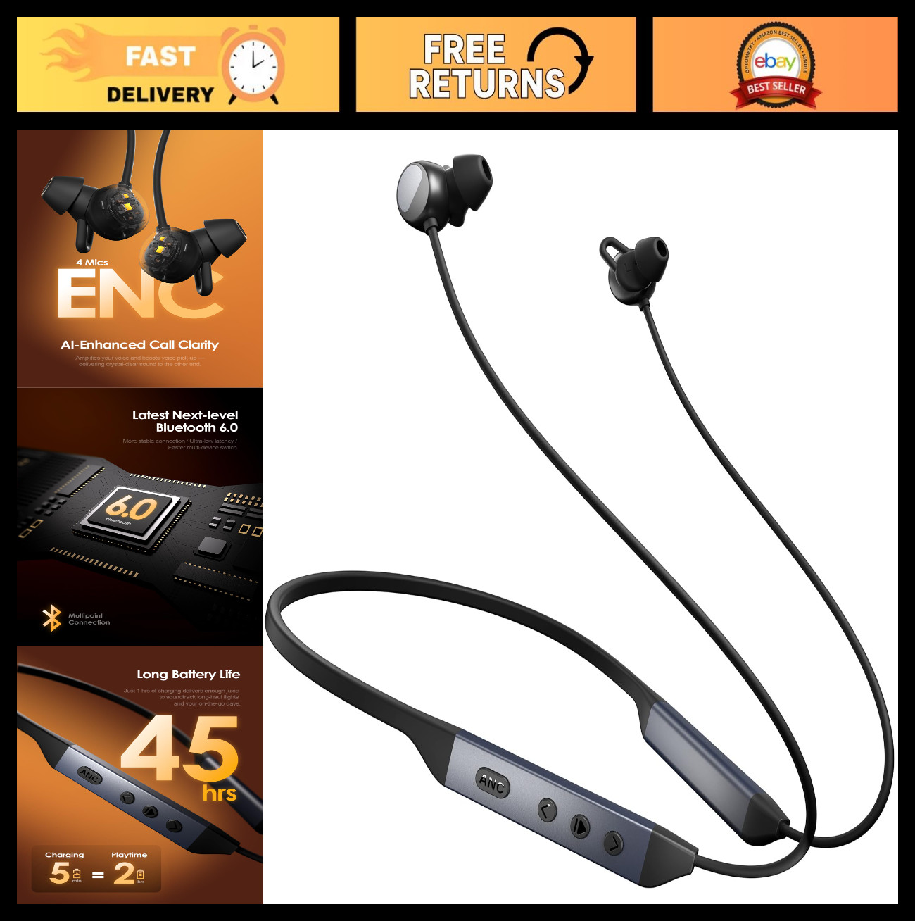 Active Noise Cancelling Bluetooth 6.0 Headphones, 45H Playtime, IPX6 Sweatproof