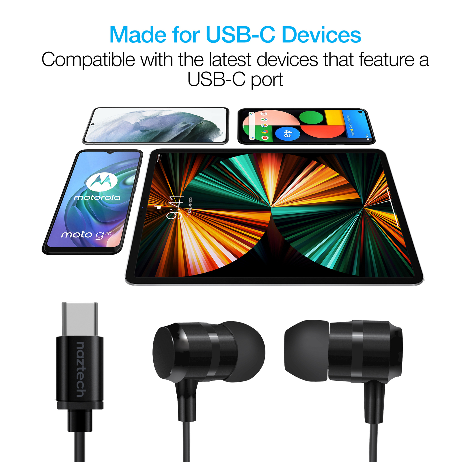 Naztech USB-C Metal Earphones for Hands-Free Music and Calls with High-Fi Audio