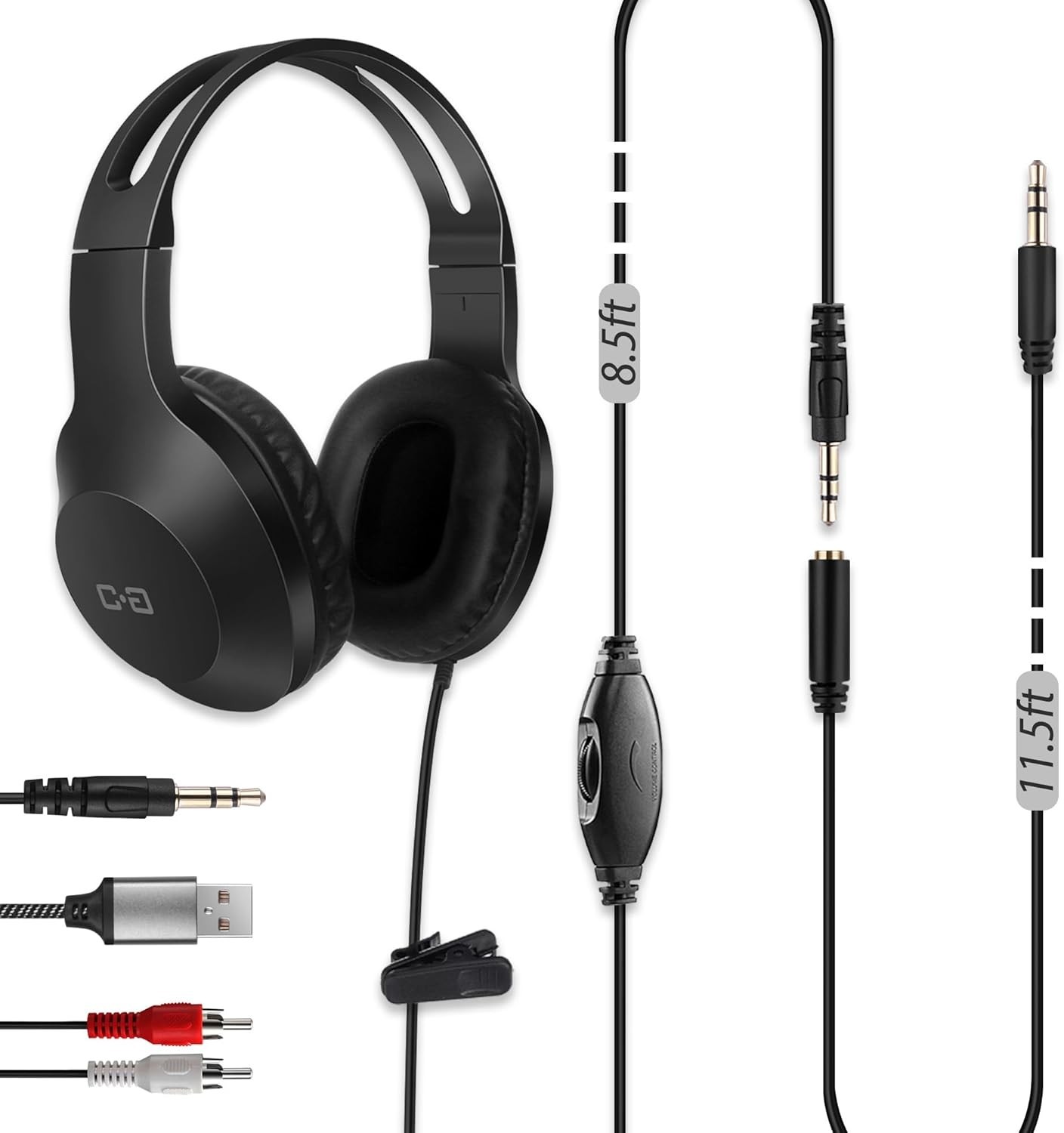 20Ft Extra Long Cord Headphones for TV & PC with Volume Control, Wired Black