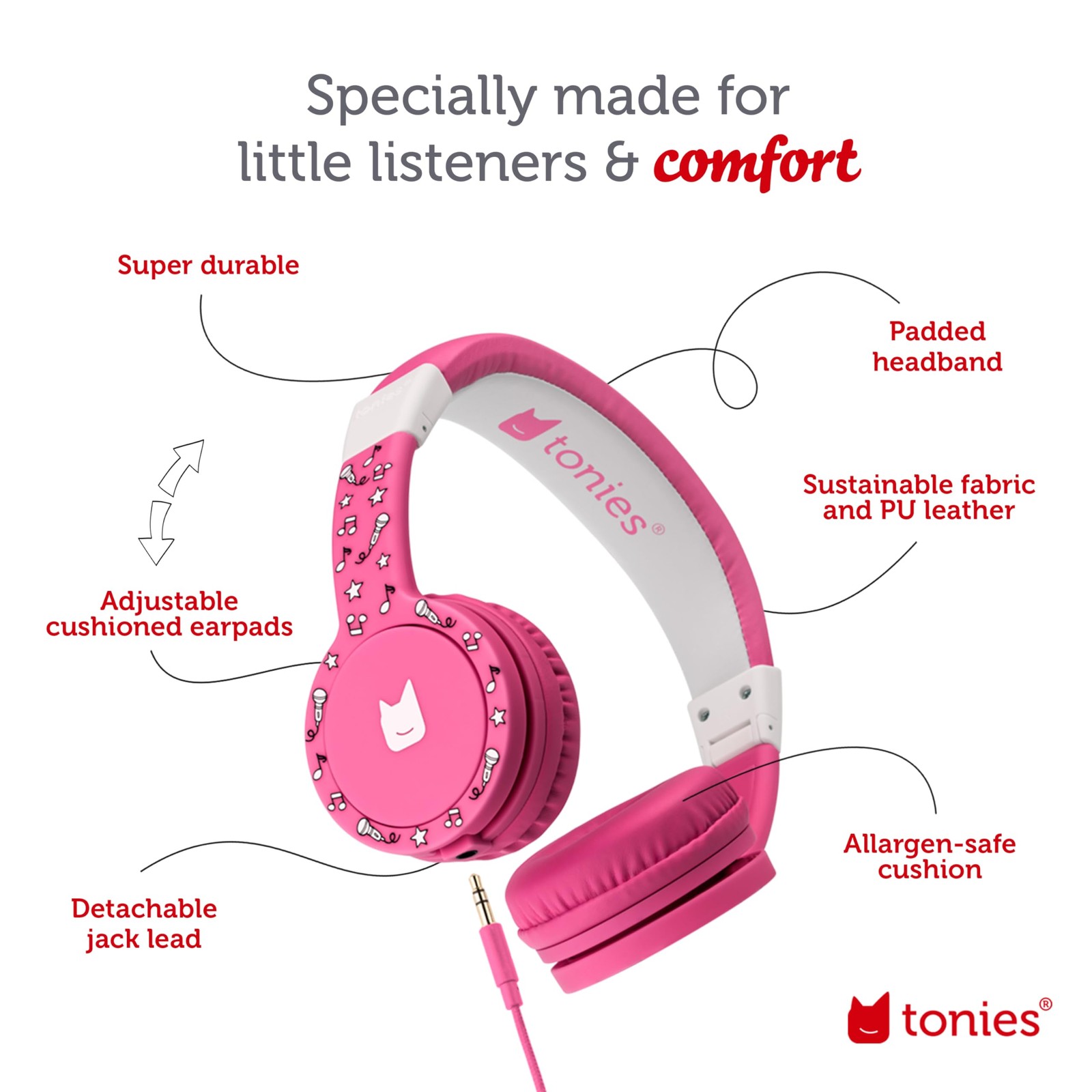 Tonies Foldable Wired Headphones for Kids – Comfortably Designed Kids, Pink