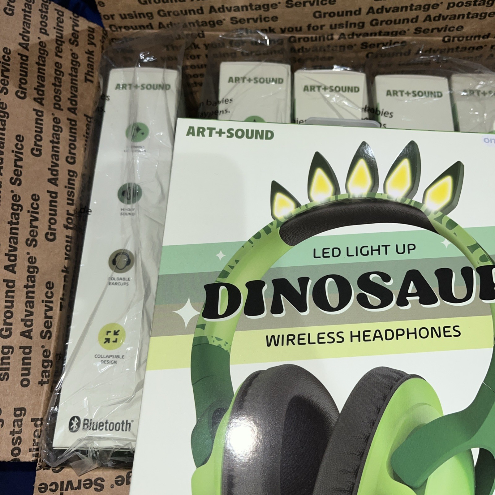 Lot of 6 – Art + Sound LED Light Up Dinosaur Wireless Headphones – New