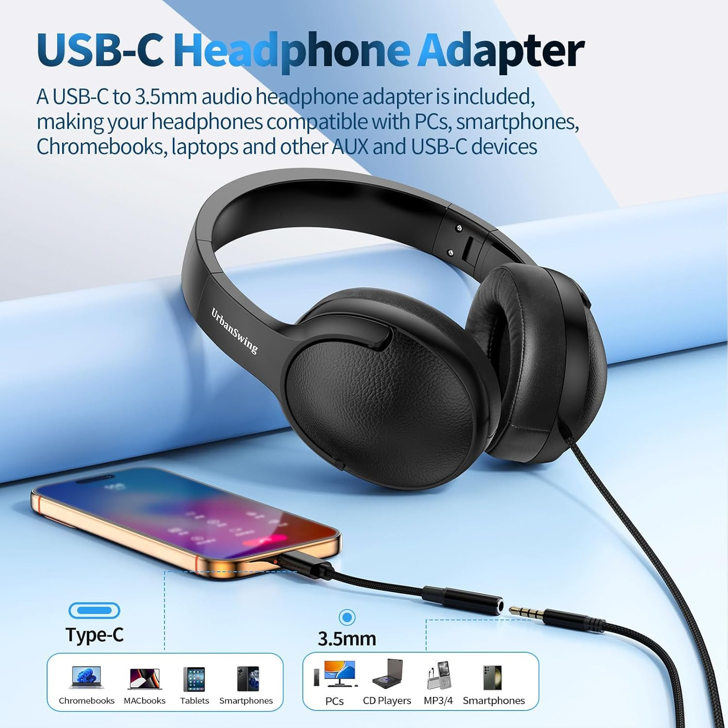 UrbanSwing W4 Corded Headphones with Mic, 3.5mm Jack & USB-C Headphone Adapter f