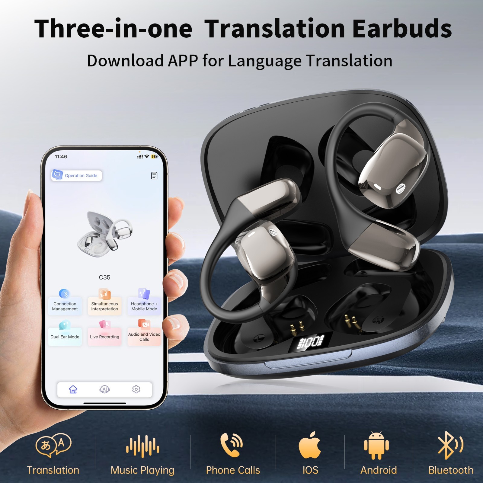 AI Translation Earbuds Real Time, Wireless Bluetooth Headphones for Travel